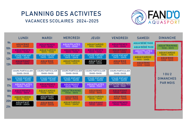 Planning FAN D'O CARQUEFOU AQUAGYM AQUABIKE vacances scolaires 2024-2025