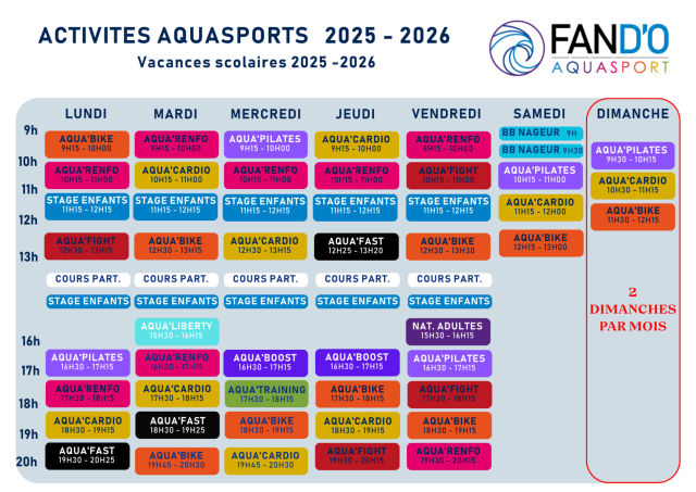 planning aquasport vacances scolaires FAN D'O Carquefou