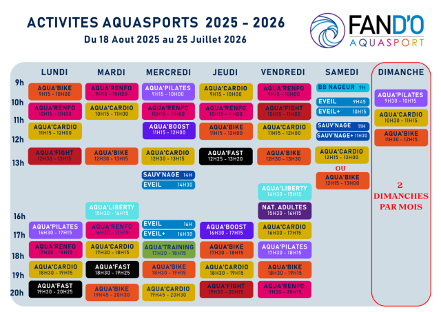 planning des activit�s aquasport scolaire FAN D'O Carquefou